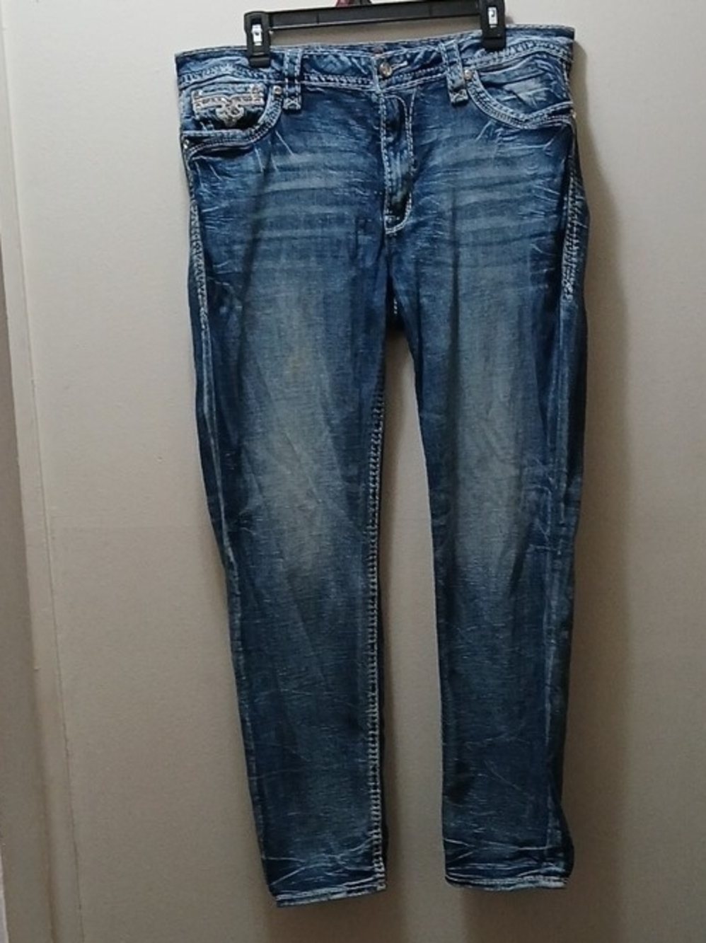Womans Rock Revival Celinda Blue Denim Jeans 34/32 Rhinestone Embrodered Leopard